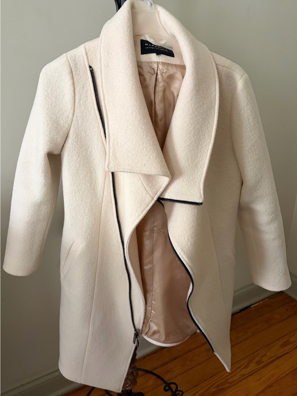 Cream Asymmetrical 100% Italian Virgin Wool Zip Coat by Marcella NYC